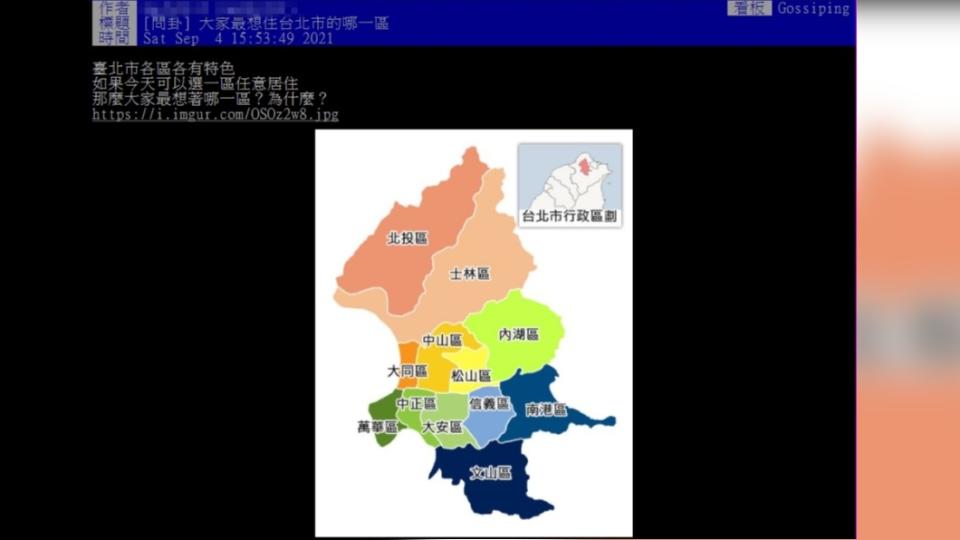 原PO詢問大家最想住在台北市哪個行政區。（圖／翻攝自PTT）