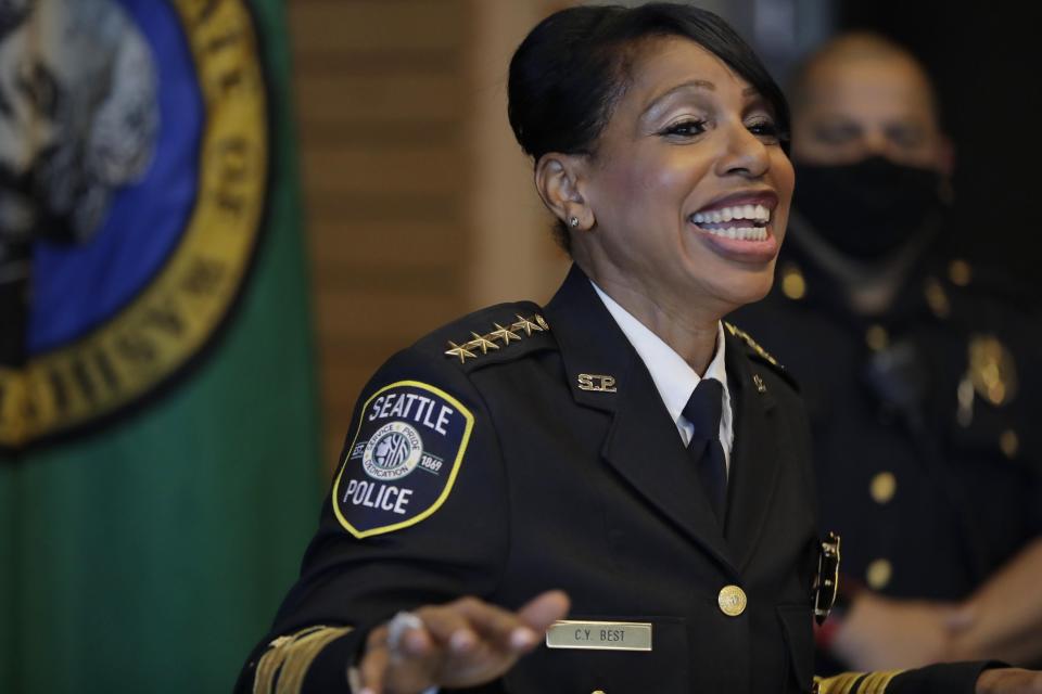 Seattle Police Chief Carmen Best laughs during a light moment at a news conference Tuesday in Seattle.