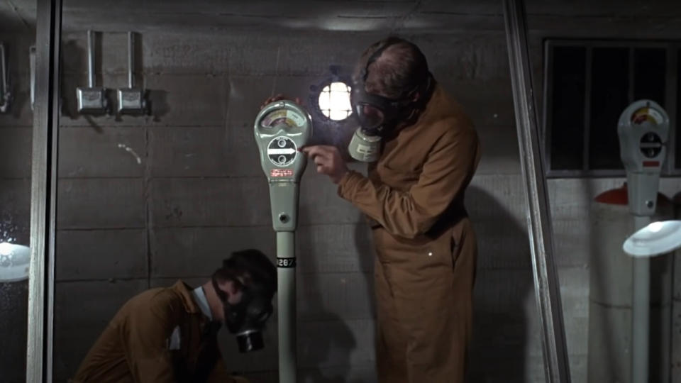A tear gas parking meter about to be tested in Goldfinger.