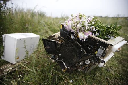 Flowers lie on debris from a Malaysian Airlines Boeing 777 plane which was downed on Thursday near the village of Rozsypne, in the Donetsk region July 18, 2014. REUTERS/Maxim Zmeyev