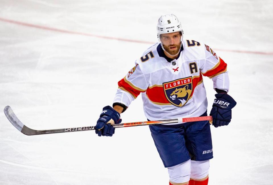 Florida Panthers defenseman Aaron Ekblad (5) skates during the first period of the first training camp scrimmage in preparation for the 2021 NHL season at the BB&T Center on Thursday, January 7, 2021 in Sunrise.
