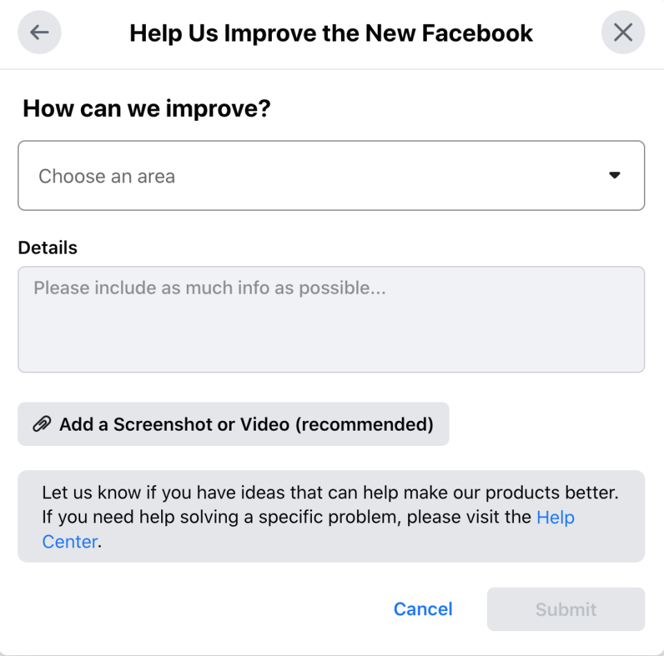 Submit feedback on the new Facebook