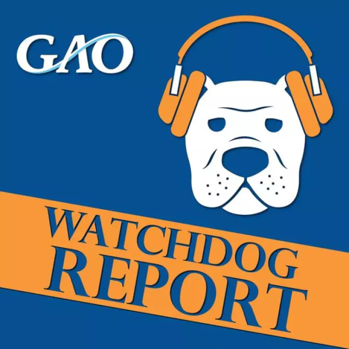 An image for the GAO's Watchdog Report podcast. It features a dog with yellow headphones.