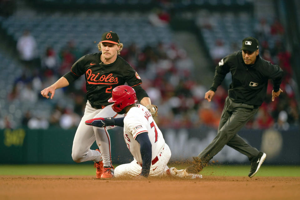 Baltimore Orioles shortstop Gunnar Henderson, left, picks off Los Angeles Angels' Jo Adell stealing second during the third inning of a baseball game, Tuesday, April 23, 2024, in Anaheim, Calif. (AP Photo/Ryan Sun)