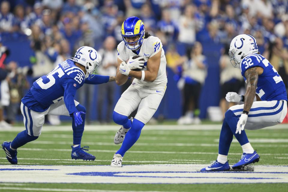 Los Angeles Rams wide receiver Puka Nacua (17) catches a pass over the middle against the Indianapolis Colts during an NFL football game, Sunday, Oct. 1, 2023, in Indianapolis. | Zach Bolinger, Associated Press