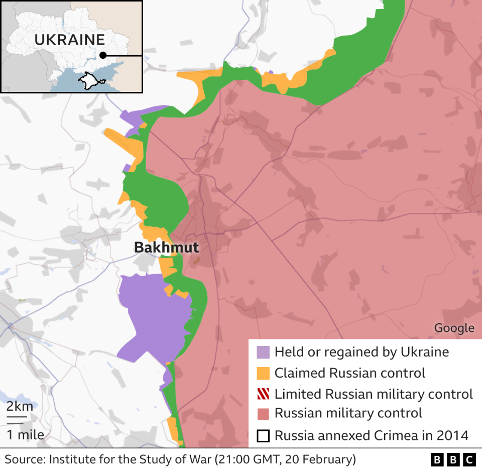 Map showing areas of control around Bakhmut