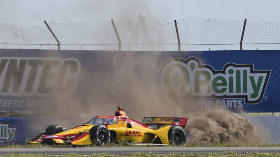 Andretti Motorsport driver Romain Grosjean spins out in the dirt at Turn 13 during morning practice for the Grand Prix of St. Petersburg auto race Saturday, March 4, 2023, in St. Petersburg, Fla. (AP Photo/Steve Nesius)