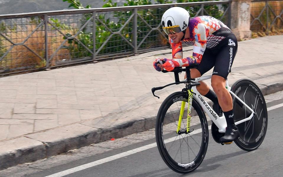 EF Pro Cycling rider during Saturday's opening time trial — EF Pro Cycling make a splash at the Giro d'Italia with radical new look as Filippo Ganna races into pink - AP
