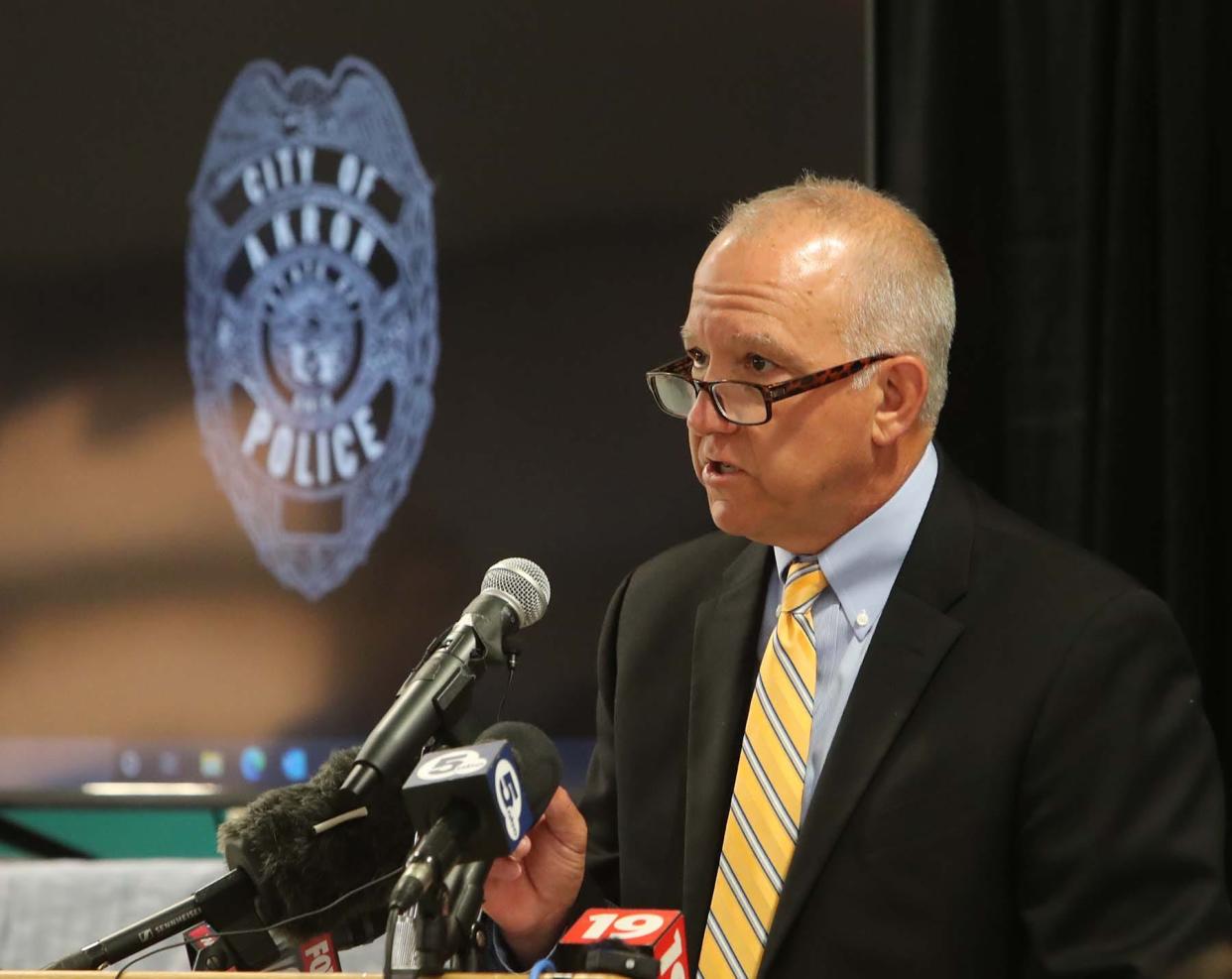 Akron Mayor Dan Horrigan speaks during a news conference July 3 at the Firestone Park Community Center in Akron before the presentation of the body cam videos in the police shooting of Jayland Walker.