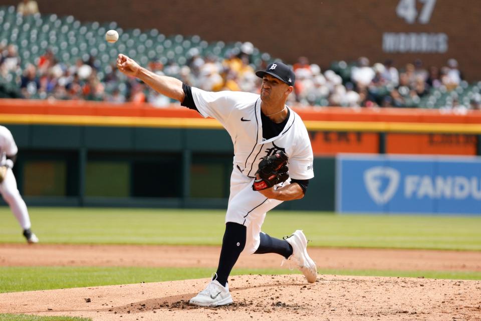 Detroit Tigers pitcher Jack Flaherty throws during the game against the Minnesota Twins at Comerica Park on April 14, 2024 in Detroit, Michigan.