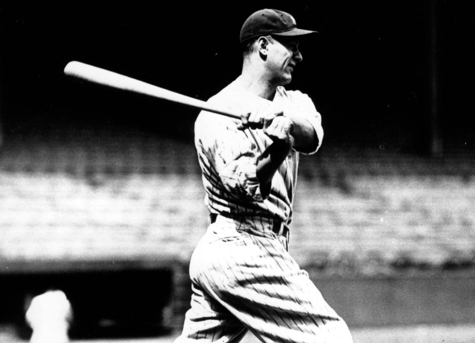 First baseman of the New York Yankees Lou Gehrig takes practice swings before the start of the 1932 World Series against the Chicago Cubs in New York City on Sept. 16, 1932.  (AP Photo)