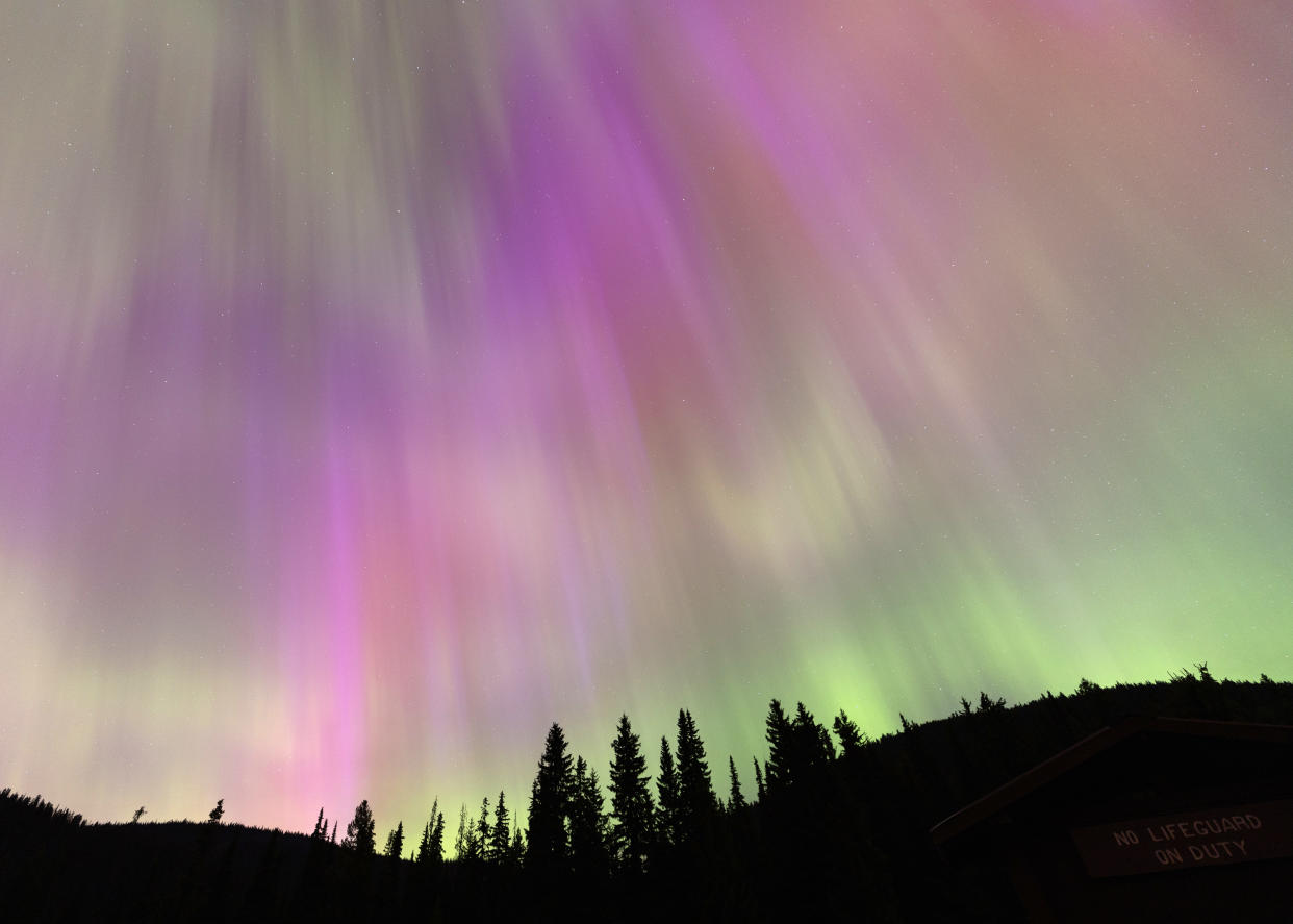 MANNING PARK, BRITISH COLUMBIA - MAY 11: The Aurora borealis, commonly known as the northern lights, is seen on May 11, 2024 in Manning Park, British Columbia, Canada. (Photo by Andrew Chin/Getty Images)