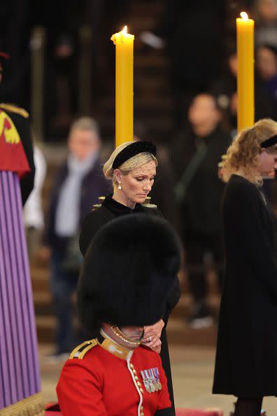 LONDON, ENGLAND - SEPTEMBER 17: Zara Tindall and Lady Louise Windsor hold a vigil in honour of Queen Elizabeth II at Westminster Hall on September 17, 2022 in London, England. Queen Elizabeth II's grandchildren mount a family vigil over her coffin lying in state in Westminster Hall. Queen Elizabeth II died at Balmoral Castle in Scotland on September 8, 2022, and is succeeded by her eldest son, King Charles III. (Photo by Chris Jackson/Getty Images)