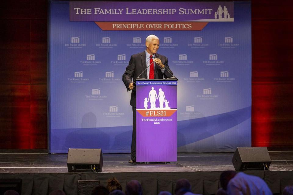 PHOTO: Former U.S. Vice President Mike Pence speaks during the FAMiLY Leader summit, July 16, 2021, in Des Moines, Iowa. (Rachel Mummey/Bloomberg via Getty Images)