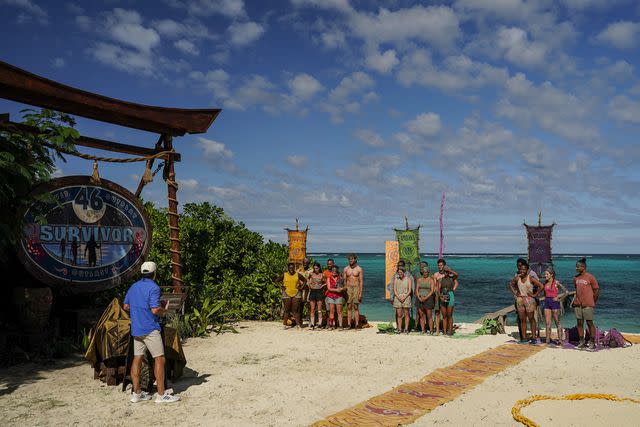 <p>Robert Voets/CBS</p> Jeff Probst and the cast of 'Survivor 46'