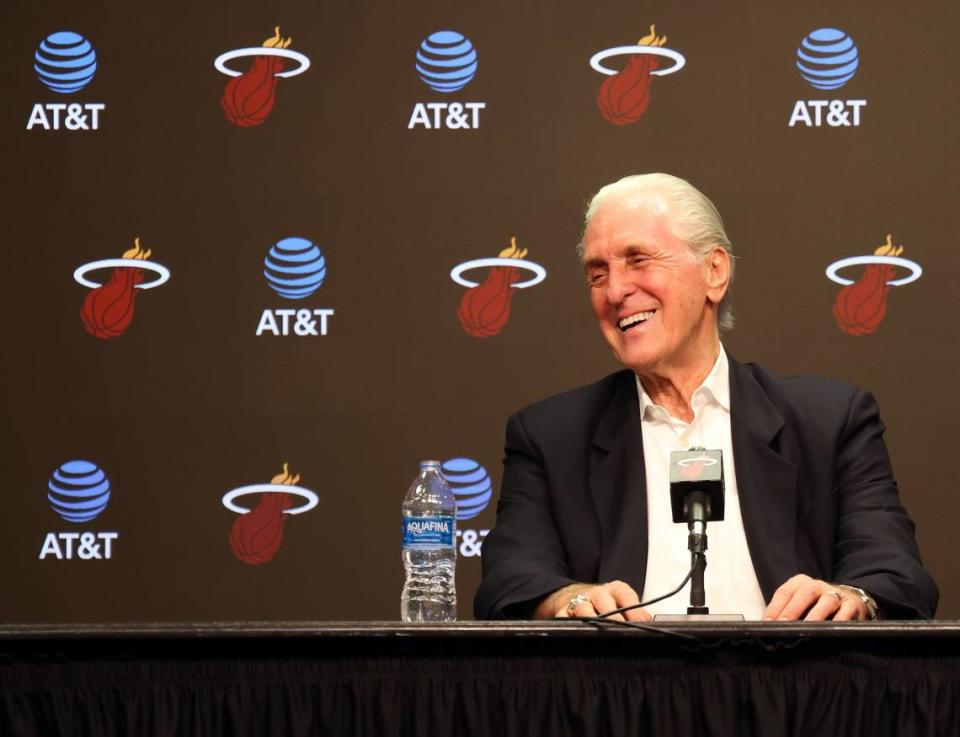 Heat president Pat Riley smiles during his interactions with sports reporters during his end of the season press conference at Kaseya Center in Miami on May 6, 2024.