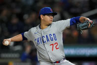 Chicago Cubs pitcher Javier Assad (72) throws during the fifth inning of a baseball game against the New York Mets, Tuesday, April 30, 2024, in New York. (AP Photo/Julia Nikhinson)