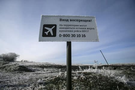 A sign reading "No entrance! There may be remains of the victims of flight MH17 crash at the territory" is seen at the site of the Malaysia Airlines Boeing 777 plane crash near the village of Hrabove (Grabovo) in Donetsk region, December 15, 2014. REUTERS/Maxim Shemetov/Files