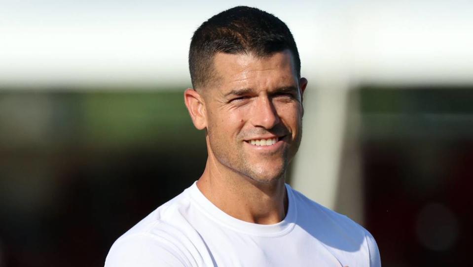 Jul 30, 2023; Tampa, FL, USA; Tampa Bay Buccaneers offensive coordinator Dave Canales during training camp at AdventHealth Training Center. Canales was hired as the Carolina Panthers’ head coach in January 2024.