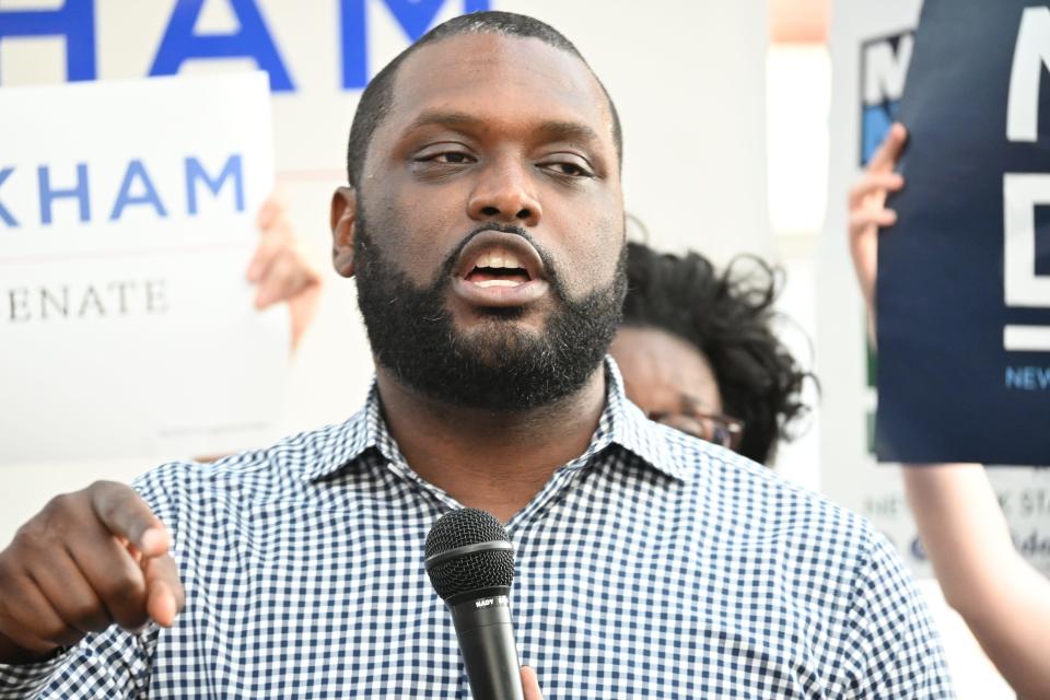 Former Rep. Mondaire Jones, D-Sleepy Hollow, spoke at a campaign rally on July 15, 2024 at the Gazebo in Peekskill.