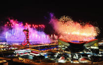Fireworks over the Olympic Stadium and the Aquatics Arena during the Opening Ceremony at the Olympic Park on July 27, 2012 in London, England. (Photo by Mike Hewitt/Getty Images)