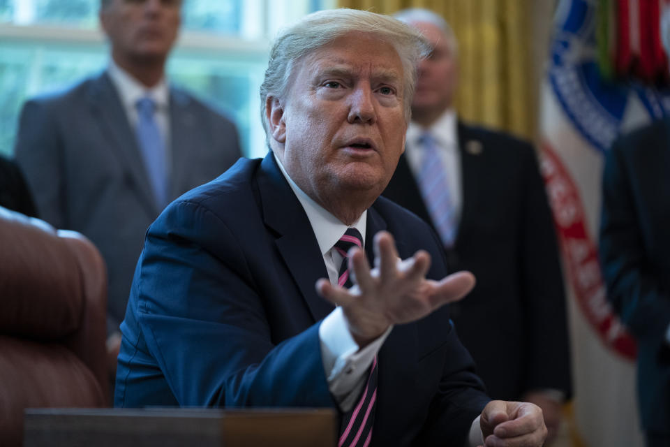 President Donald Trump speaks after signing a coronavirus aid package to direct funds to small businesses, hospitals, and testing, in the Oval Office of the White House, Friday, April 24, 2020, in Washington. (AP Photo/Evan Vucci)