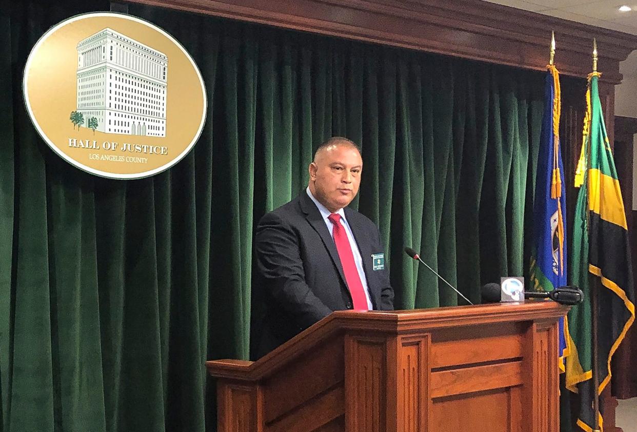 Los Angeles County Sheriff's Capt. Eduardo Hernandez takes question about an abducted woman during a news conference in Los Angeles, Friday, Nov. 8, 2019.