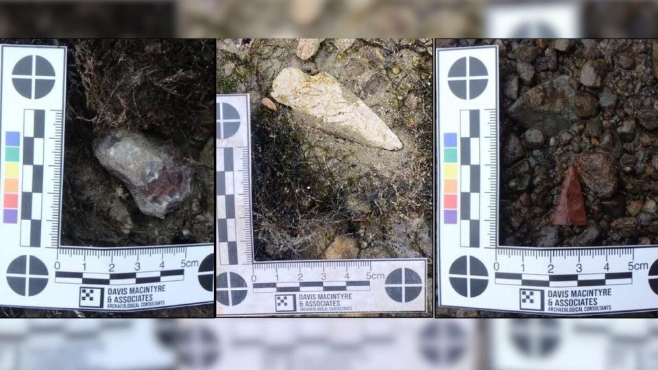 Mi'kmaw tools including a scraper, stemmed point and jasper biface tip recovered by Nova Scotia Power duirng the Tusket Main Dam Refurbishment Project. A spokesperson for the utlity said they continue to work closely with Wasoqoba’q First Nation and the Assembly of Nova Scotia Mi’kmaw Chiefs to protect archaeological heritage. 