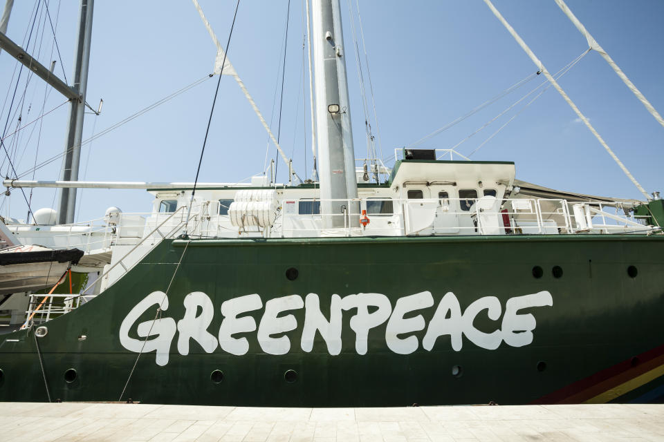 Zadar, Croatia - July 18, 2014: Greenpeace's Rainbow Warrior, an icon on the enviromental movement docked at Pier in Zadar, presentation solar and wind energy achievements. 