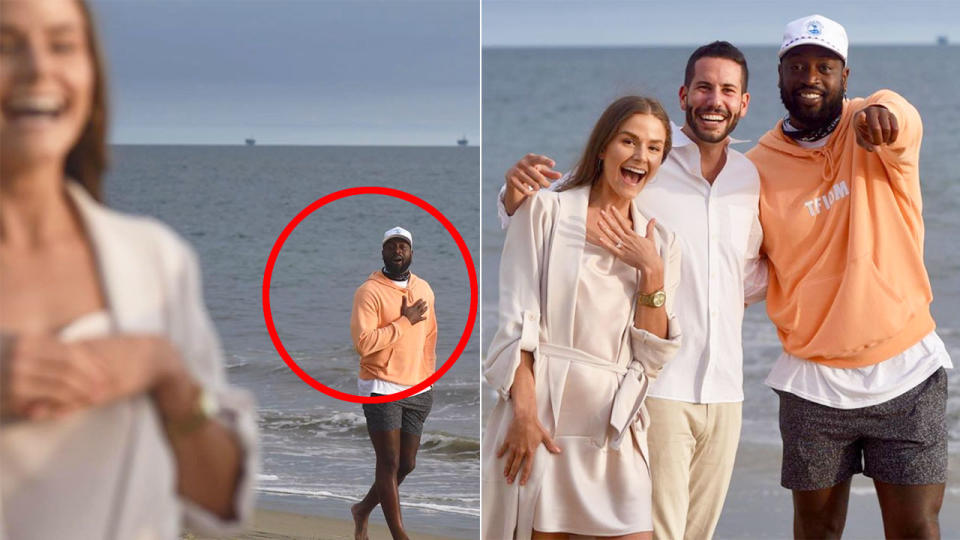 Seen here, NBA legend Dwyane Wade photobombs a couple's engagement shoot.