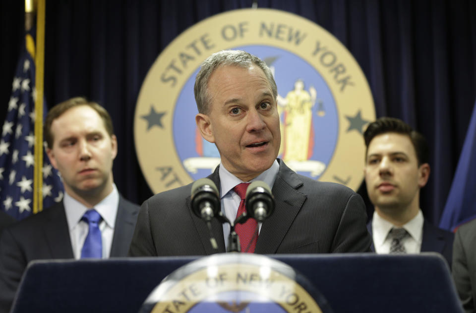 New York Attorney General Eric Schneiderman speaks at a new conference in New York, Monday, March 21, 2016. (Photo: Seth Wenig/AP)