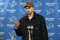 Detroit Lions quarterback Jared Goff addresses the media after an NFL wild-card playoff football game against the Los Angeles Rams, Monday, Jan. 15, 2024, in Detroit. (AP Photo/Duane Burleson)