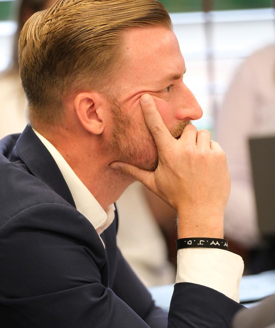 Ryan Walters, Oklahoma state schools superintendent, listens May 25 at the Oklahoma State Board of Education meeting.