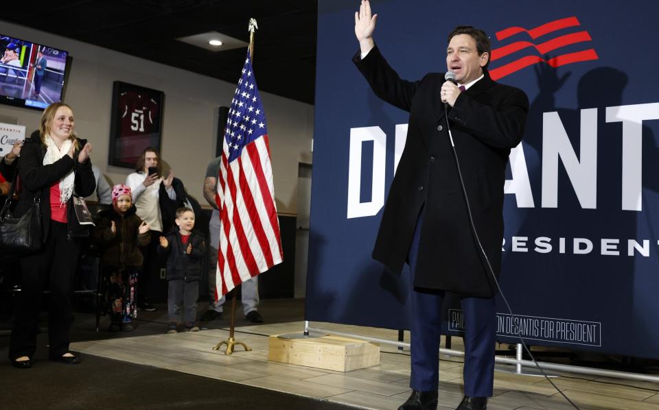 Republican presidential candidate Florida Governor Ron DeSantis speaks at a campaign stop at Pub 52 on January 15, 2024 in Sergeant Bluff, Iowa. Amidst sub-zero temperatures Iowa Republicans will select their party's nominee for the 2024 presidential race.