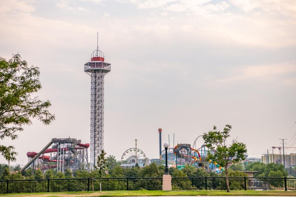 View of the Observation Tower and other rides at the Elitch Gardens via Getty Images