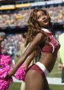 <p>A Washington Redskins cheerleader performs during an NFL football game between the Redskins and the Philadelphia Eagles, Sunday, Oct. 16, 2016, in Landover, Md. (AP Photo/Nick Wass) </p>