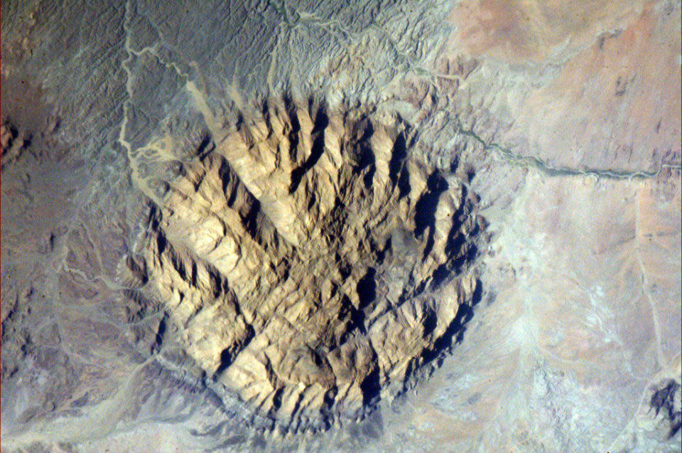 Lava Carbuncle - an ancient intrusion of tough, hard rock in southwestern Africa. Quite likely also Namibia. <a href="https://twitter.com/Cmdr_Hadfield/status/290562463374647296/photo/1/large" rel="nofollow noopener" target="_blank" data-ylk="slk:(Photo by Chris Hadfield/Twitter);elm:context_link;itc:0;sec:content-canvas" class="link ">(Photo by Chris Hadfield/Twitter)</a>