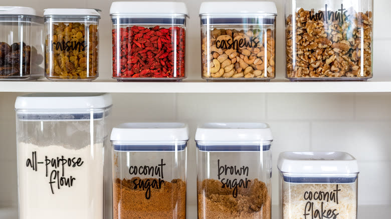 Square containers on shelf