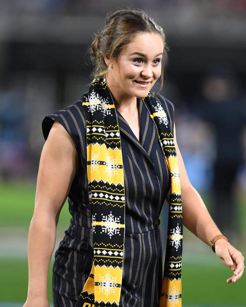 Ashleigh Barty wearing a Richmond scarf at the AFL Grand Final between the Tigers and Geelong Cats at the Gabba in Brisbane last October