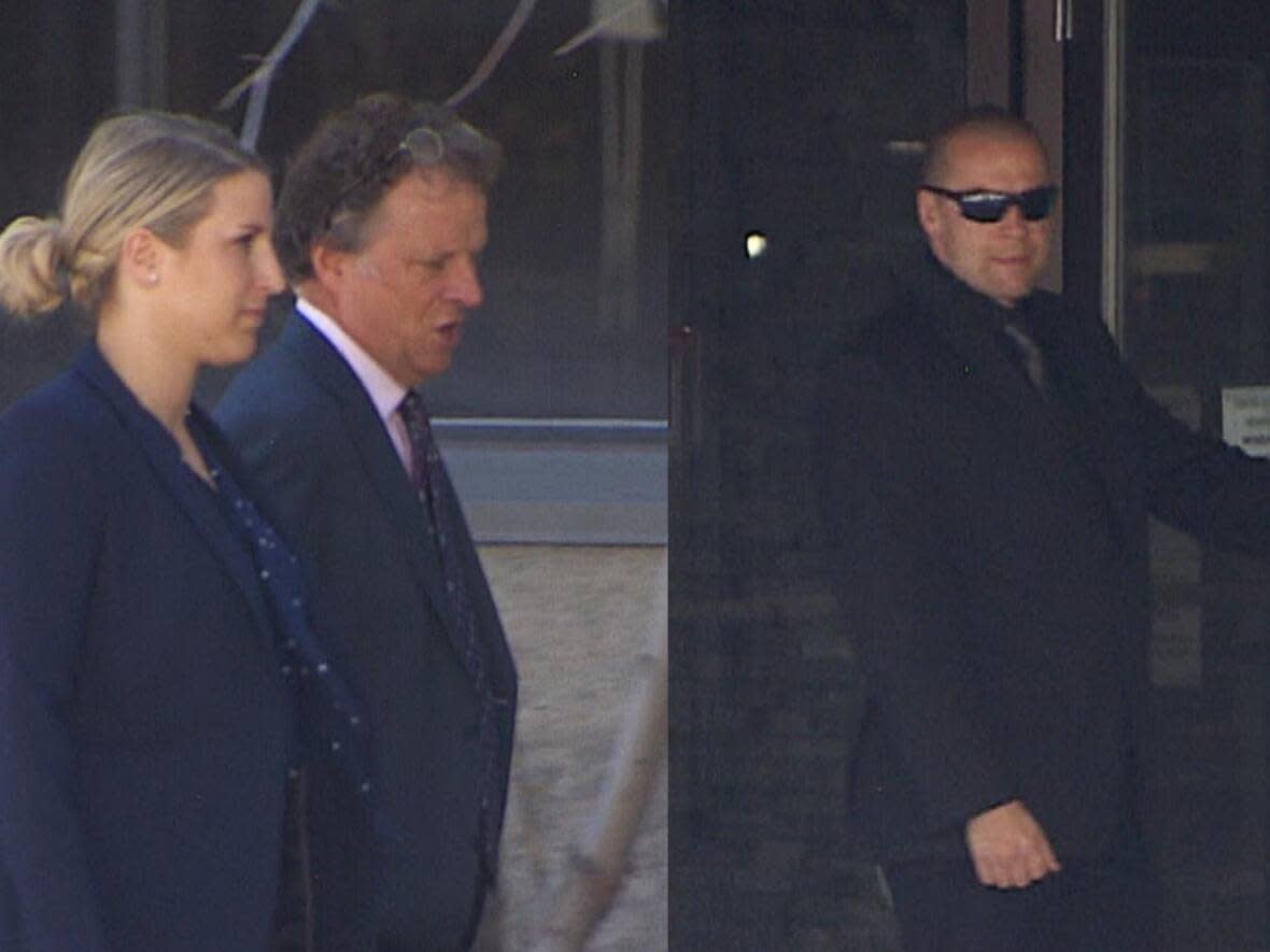 Cst. Francessca Bechard, left, with her lawyer, Robb Beeman, centre, and Cpl. Jason Archer. Bechard and Archer were facing assault charges for an incident in 2020. Those charges were stayed in June after the Crown said there wasn't a reasonable prospect of conviction.  (CBC News - image credit)
