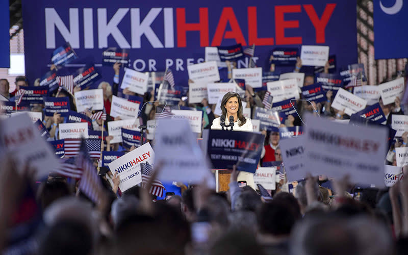Nikki Haley speaks during an event where she announced her candidacy