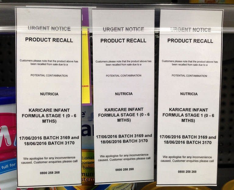 Product recall signs on the shelves at a Wellington supermarket where a batch of baby formula made by New Zealand dairy giant Fonterra have been recalled because of suspected contamination, on August 5, 2013. Fonterra apologised Monday for a botulism scare that saw product recalls and seizures from China to Saudi Arabia, but denied accusations it delayed releasing information