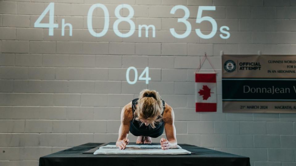 PHOTO: DonnaJean Wilde broke the Guinness world record for the longest time held in an abdominal plank position by a woman on March 21, 2024. (Guinness World Records)