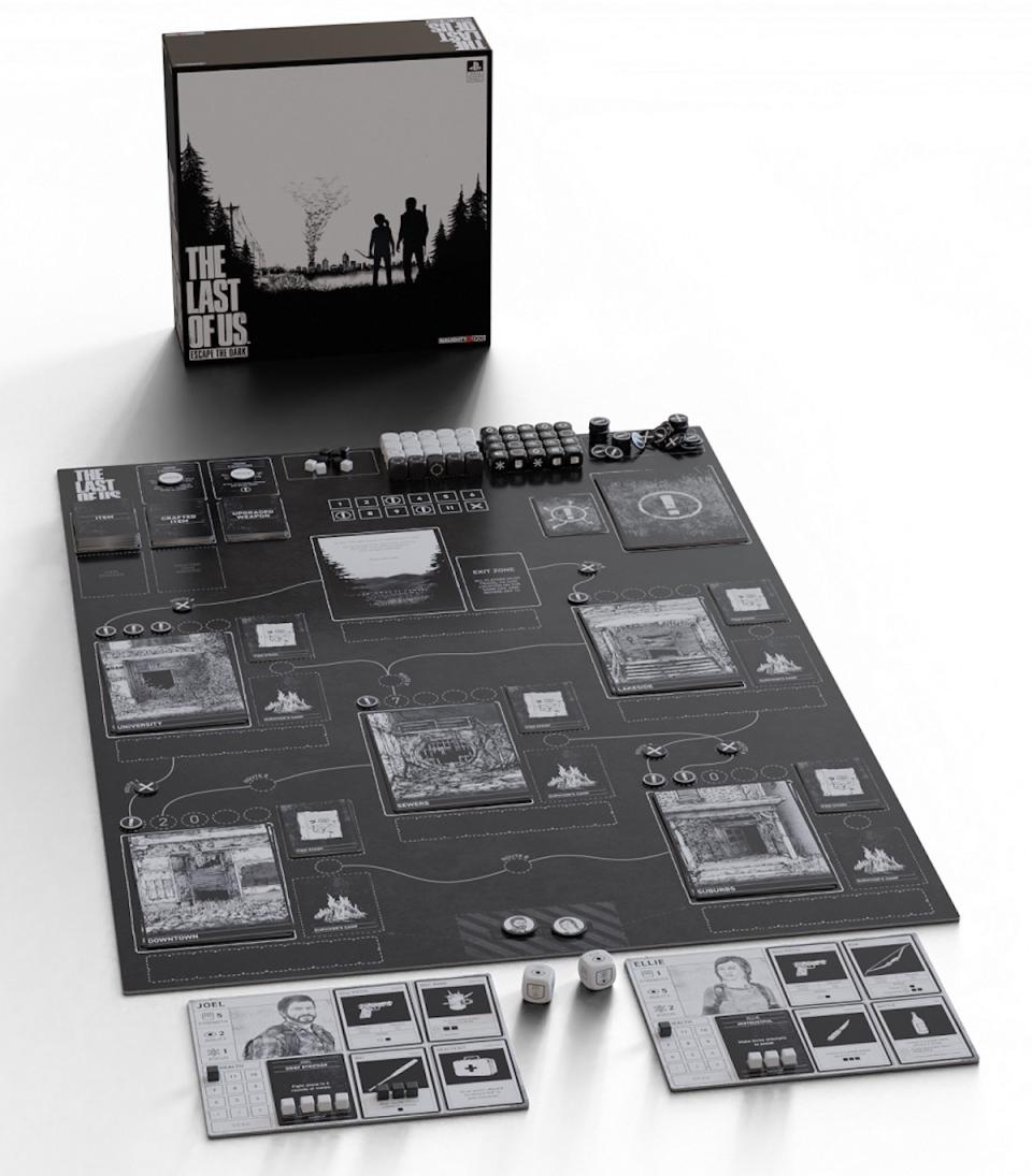 The Last of Us Board Game made in black and white open and set up with the box in the back