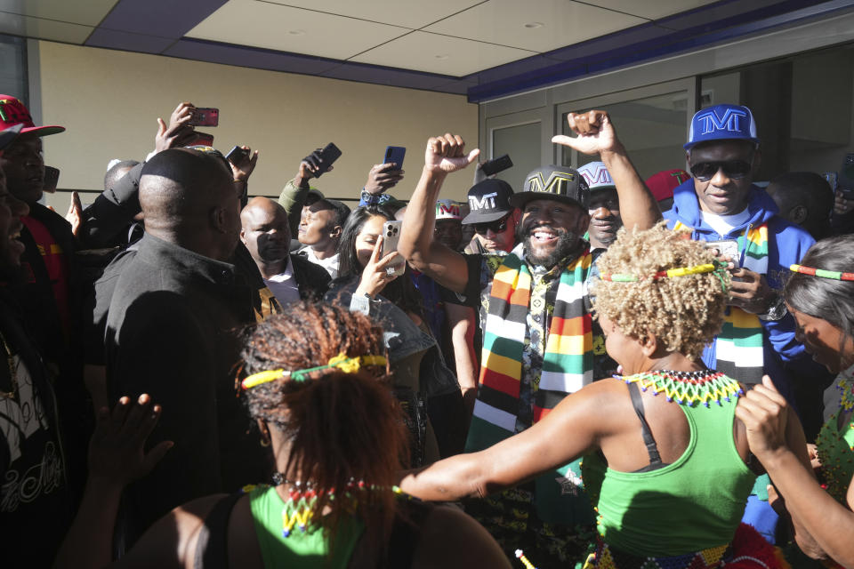 U.S boxing promoter and former professional boxer Floyd Joy Mayweather is seen upon arrival at Robert Mugabe airport in Harare, Zimbabwe, Thursday, July 13 2023. Mayweather is in the country for what he is calling the Motherland Tour. (AP Photo/Tsvangirayi Mukwazhi)