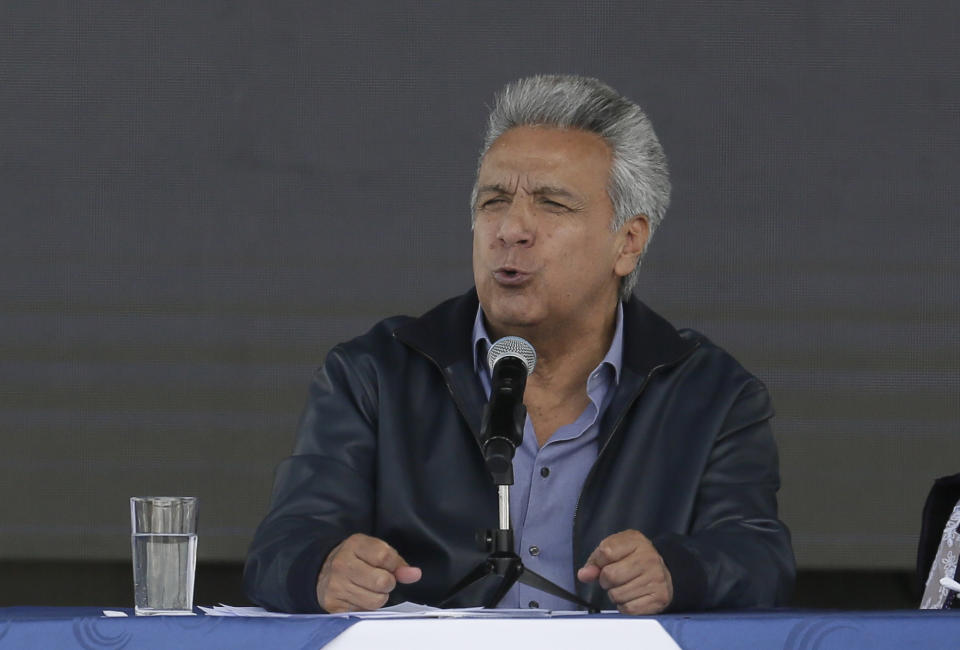 Ecuador's President Lenin Moreno speaks during the inauguration of the "Agua Para Todos" or "Water for Everyone" government program, in Latacunga, Ecuador, Thursday, April 11, 2019. Moreno said in a video posted on Twitter Thursday that he revoked the political asylum for Wikileaks founder Julian Assange due to “repeated violations to international conventions and daily-life protocols.” (AP Photo/Dolores Ochoa)