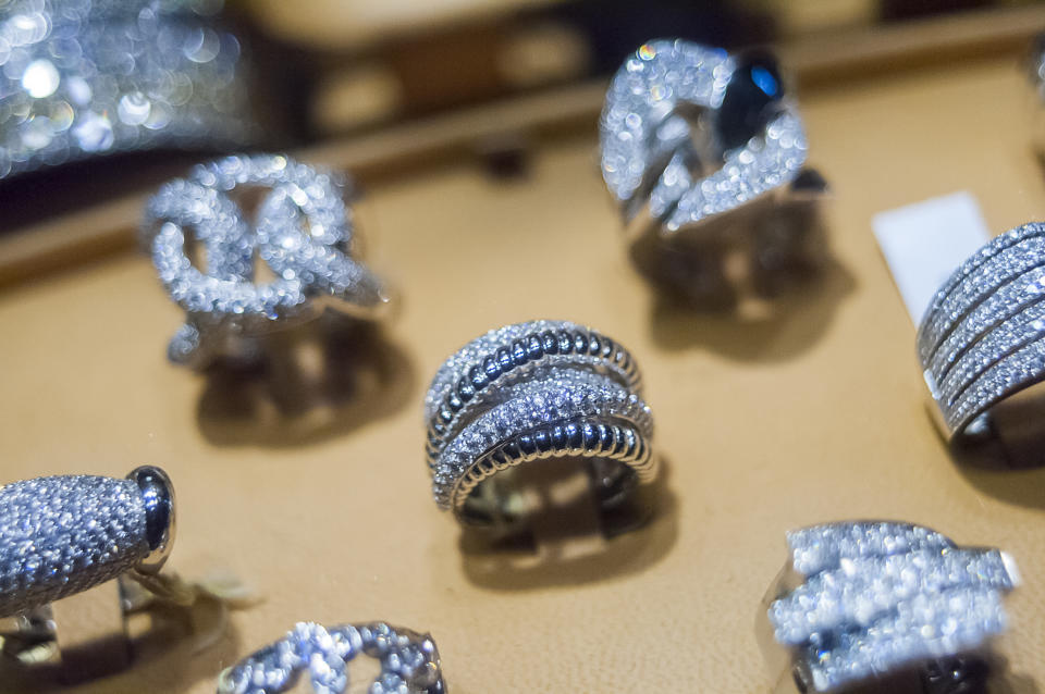 A display of diamonds in the window of a jewelry store on West 47th Street in New York on Monday, December 19, 2016. According to De Beers global sales of diamonds are down and diamond merchants are blaming India's ban on 500 and 1000 rupee notes. (Photo by Richard B. Levine) *** Please Use Credit from Credit Field ***