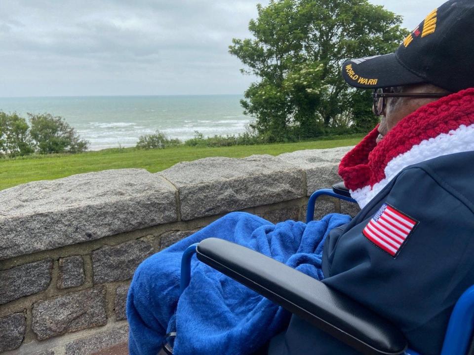 Richard Stewart looks across the beach at Normandy, France, as part of a visit arranged by Best Defense Foundation to honor World War II veterans at the 79th anniversary of D-Day in 2023.
