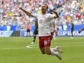 <p>Denmark’s Christian Eriksen celebrates after scoring the opening goal during the group C match between Denmark and Australia at the 2018 soccer World Cup in the Samara Arena in Samara, Russia, Thursday, June 21, 2018. (AP Photo/Martin Meissner) </p>