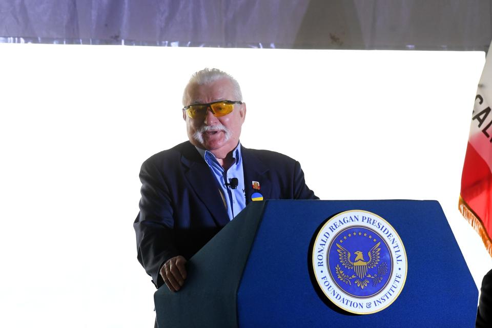 Lech Walesa, former president of Poland, gives the keynote address during an event at the Ronald Reagan Presidential Library & Museum in Simi Valley, commemorating Reagan's 113th birthday on Tuesday, Feb. 6, 2024.